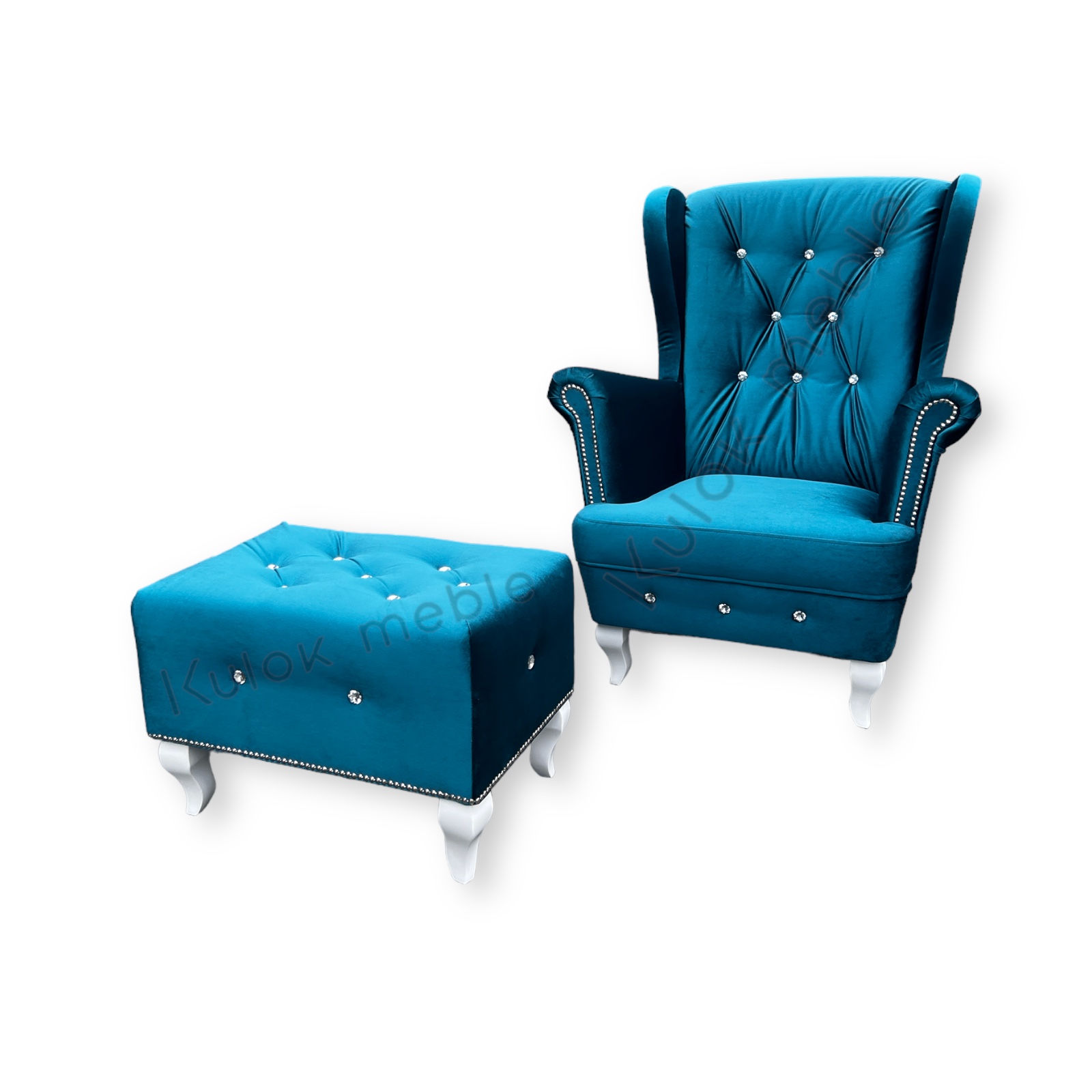 Morski zestaw mebli pikowanych glamour od producenta na zamówienie w tkaninie Ikoo 12 i kryształkami stylowy zestaw